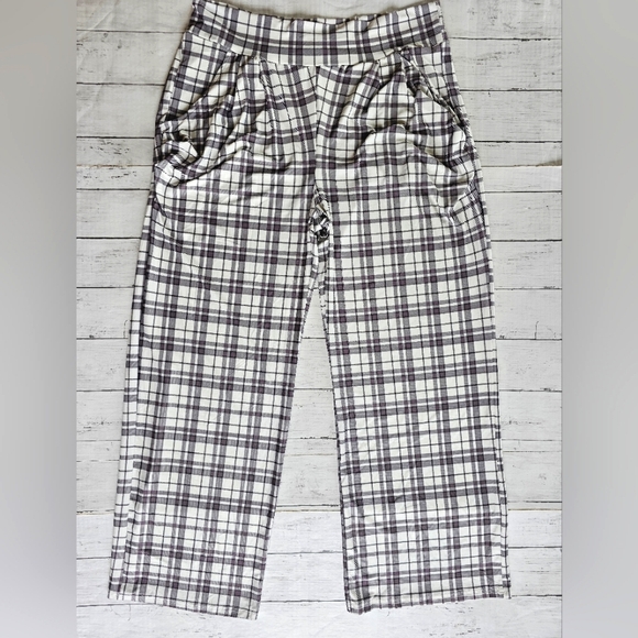 Lily by Firmiana Soft Gray & White Plaid Stripe Palazzo Lounge Pants W Pockets - Picture 3 of 9